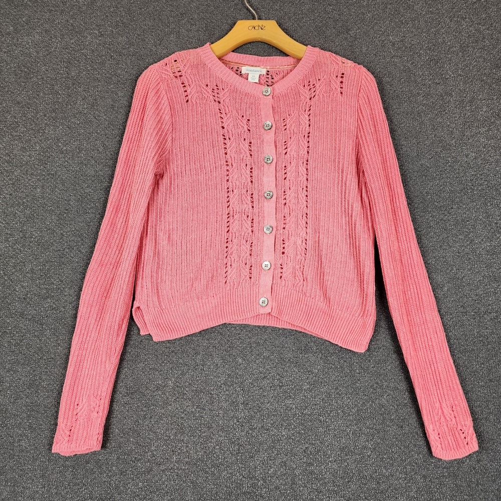 Sundance Pink Linen‎ Knit Open Front Cardigan Sweater XS Lace Detail
